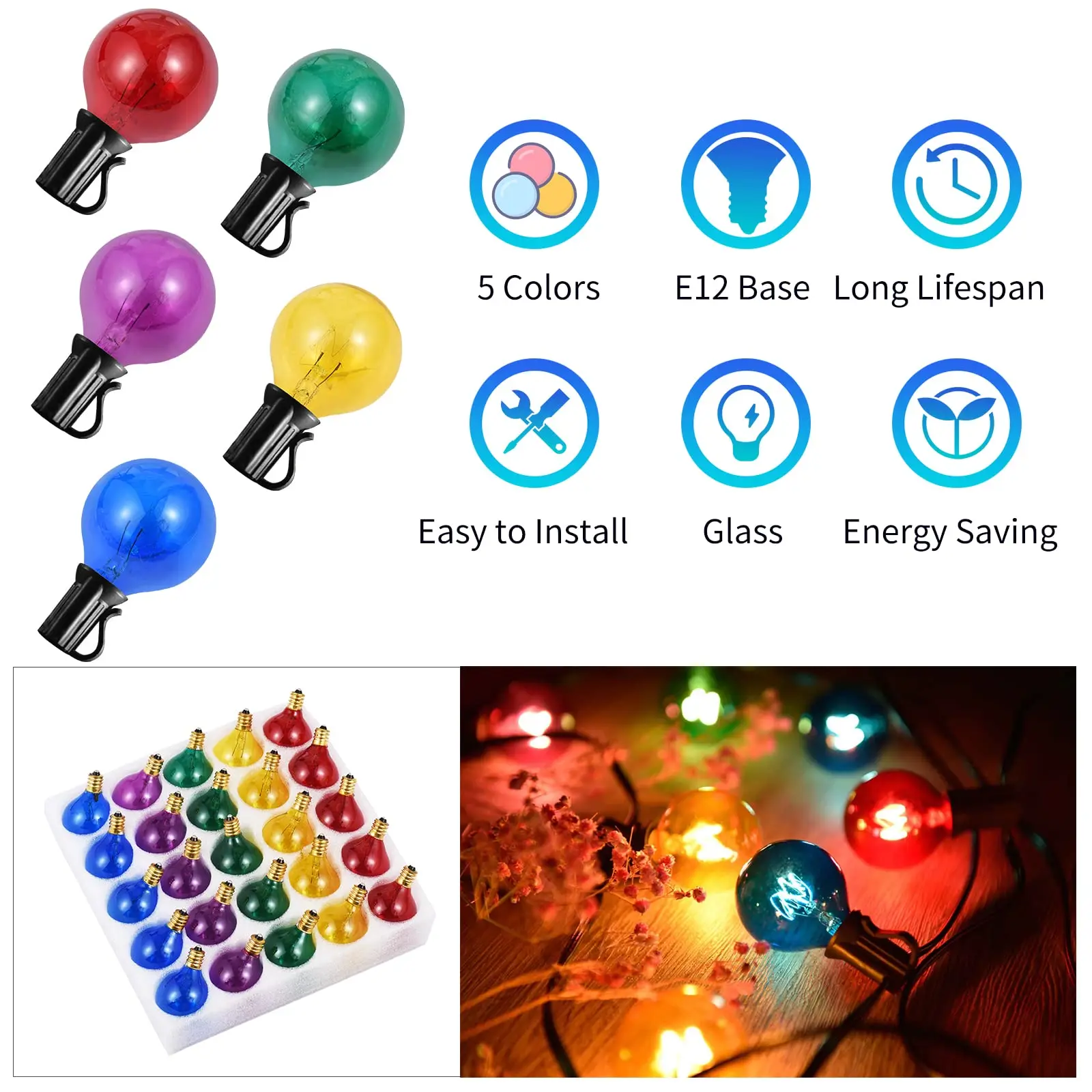 G40 Multicolor Replacement Lamp Bulb E12 7W Globe Tungsten String Light Bulbs 220V For Patio Wedding Christmas Decoration