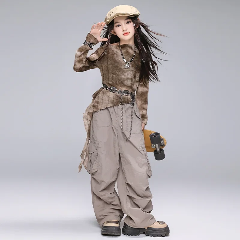 

Женская одежда в стиле хип-хоп, укороченный топ с рваным неровным подолом, футболка, серые брюки-карго для женщин, костюм для джазового танца, одежда