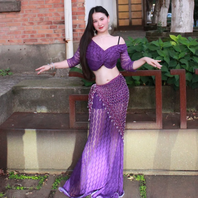 بدلة أداء الرقص الشرقي مجموعة دانتيل مثيرة راقية للبالغين ملابس ممارسة الرقص الشرقي الاحترافية ملابس تدريب الرقص