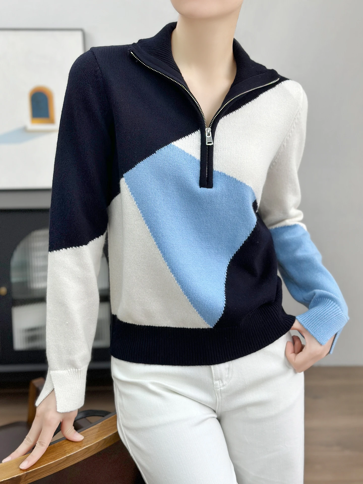 

Left Home 00 Шерстяной вязаный свитер свободного кроя с воротником на молнии, в стиле колор-блок, с длинными рукавами, женский, для повседневной носки, теплый трикотаж