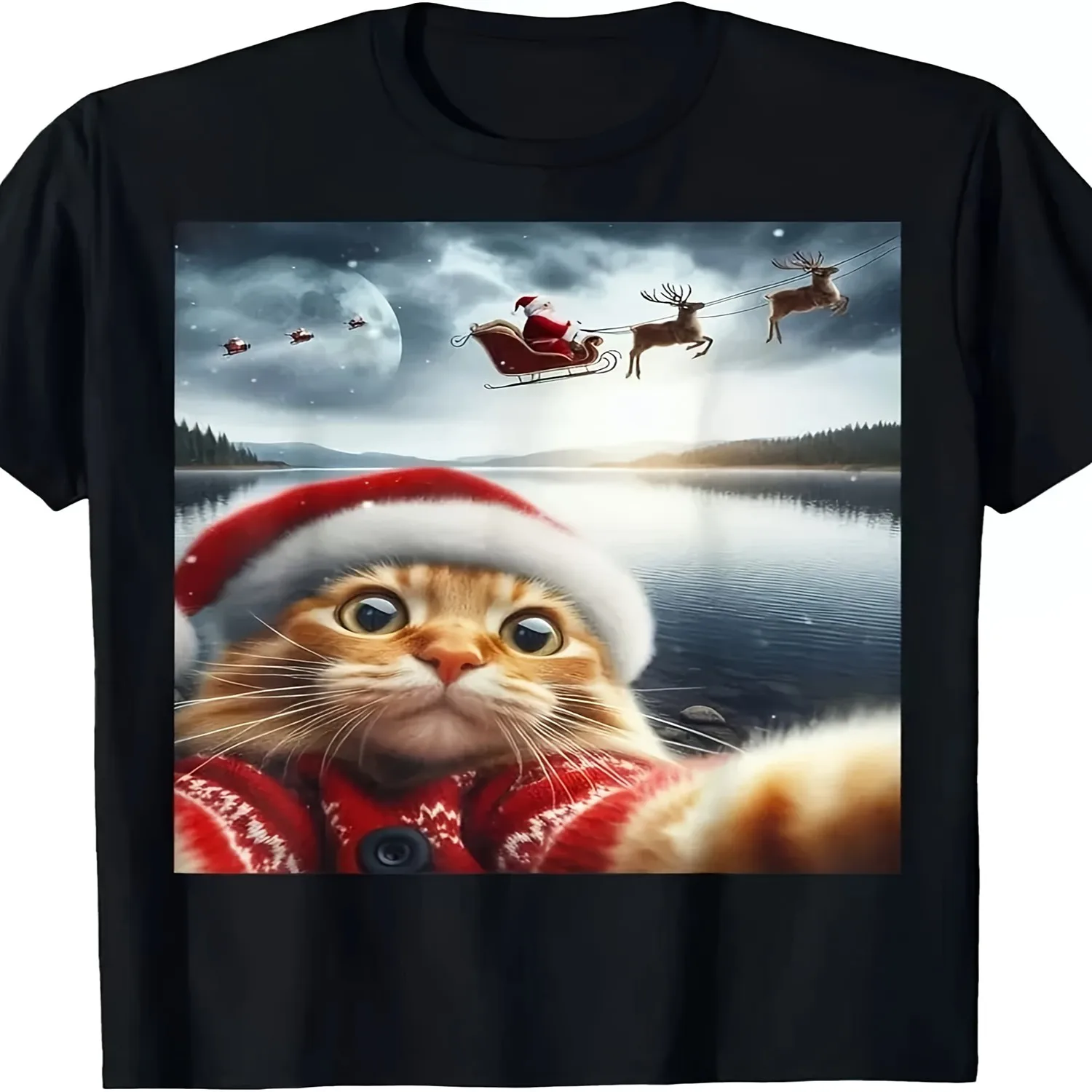 Funny Christmas Cat Santa Cat Selfie T-Shirt - Unisex 220gsm Pure Cotton Retro Round Neck Tee with Santa Tabby Cat Graphic, for men and women, Casual Holiday Wear gift for men, everyday wear tee