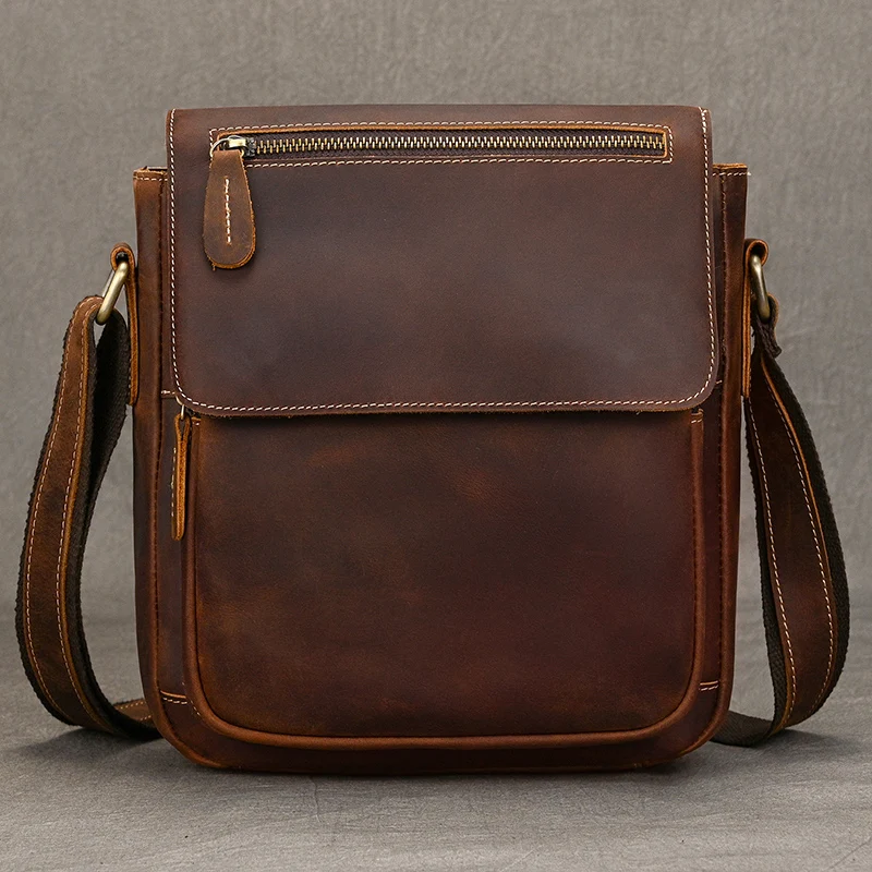 كريزي هورس جلد الرجال حقيبة كتف جلد طبيعي حقيبة رافعة خمر نمط حقائب كروسبودي للرجل الذكور جلد البقر حقيبة ساعي