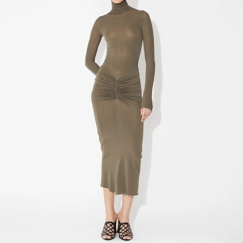 

women's dress New elastic slim fit high neck long dress for autumn 2025 Irregular folds hip hugging dress Elegant party dresses
