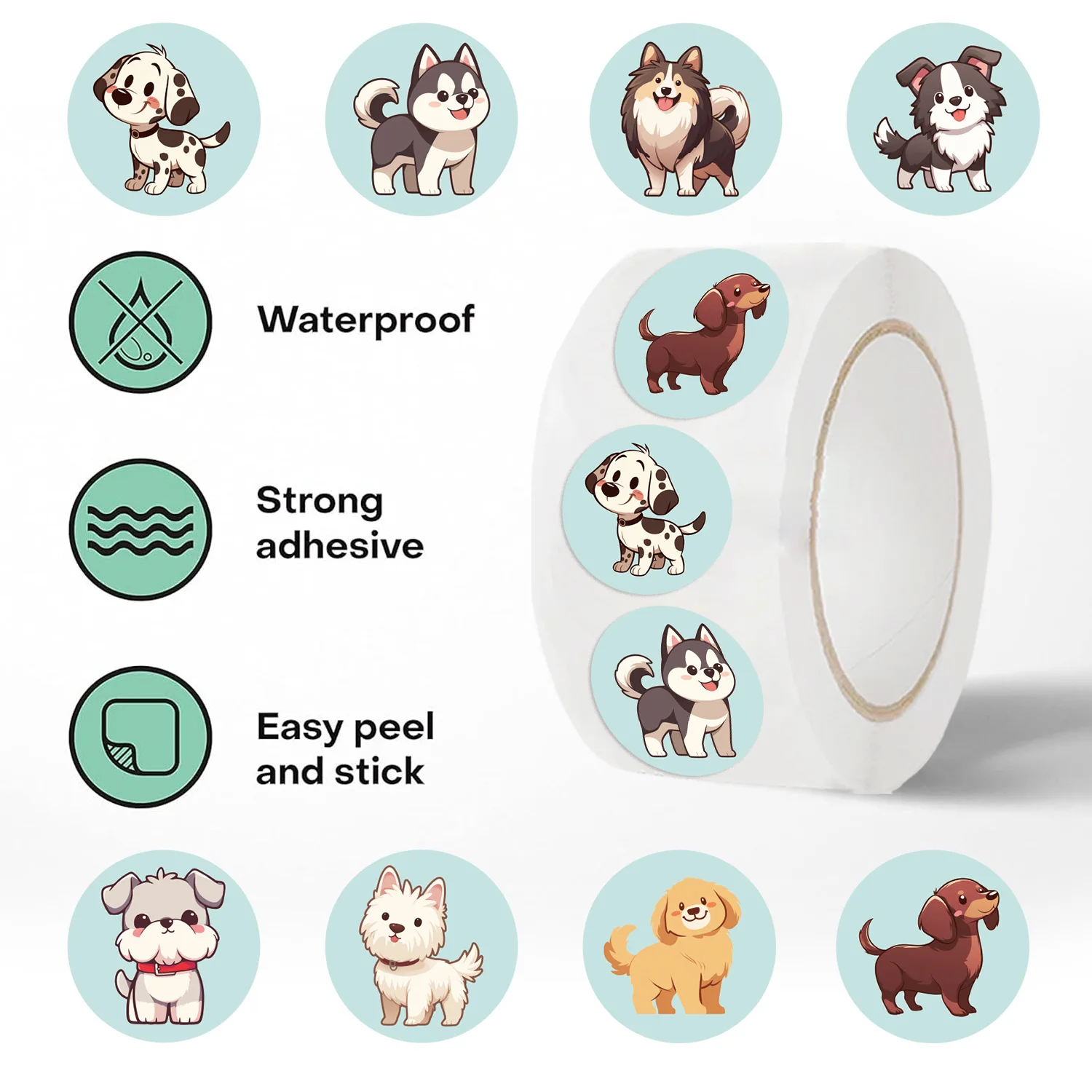 500Pcs/Roll Cute Dog Animals Roll Stickers For Water Bottles Laptop Refrigerator Luggage Phone Cartoon Funny Sticker Kid Toys