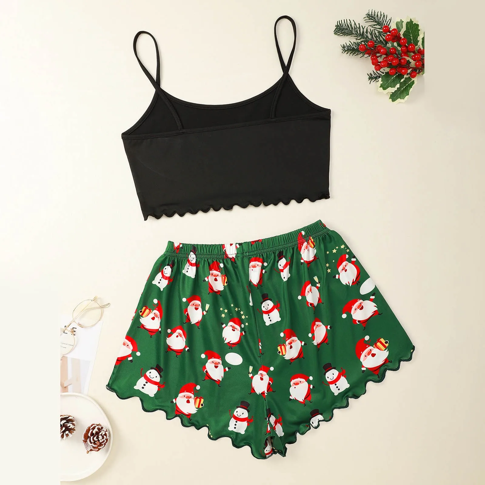 Christmas New Style Lady's Santa Claus Pattern Lace Edge Camisole With Shorts Pajama Set Cute Comfort Sexy Home Wear Sleepwear