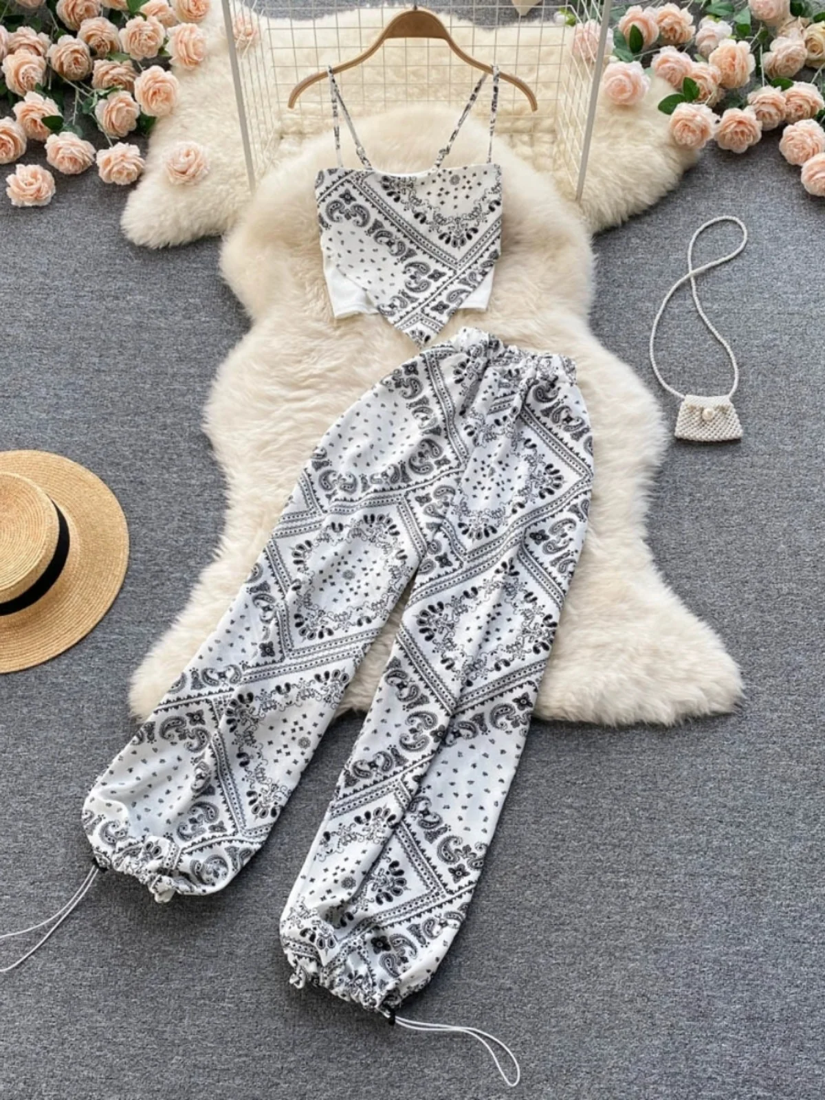 Summer ort Strapl Crop Top And Straight Leg Pants Slimming Two Piece Set for Women Trendy Streetwear Ensemble