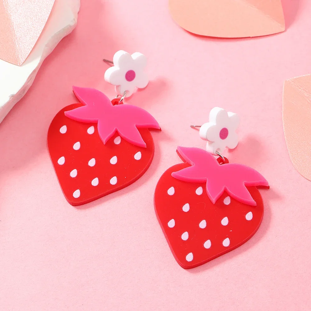 Summer and Autumn Cool Fruits Sweet Strawberry Earrings Earrings Earrings Acrylic Green Leaves White Flower Earrings Female