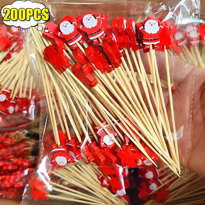 200/50PCS Christmas Fruit Skewer Santa Claus Disposable Buffet Food Toothpicks Cupcake Topper Xmas New Year Party Decoration