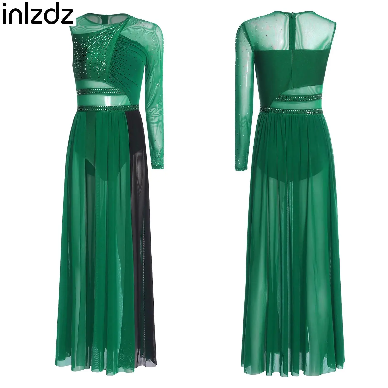 

Women Lyrical Dance Dresses Shiny Rhinestones Side Split Sheer Mesh Dance Dress for Ballet Modern Gymnastics Performance Party
