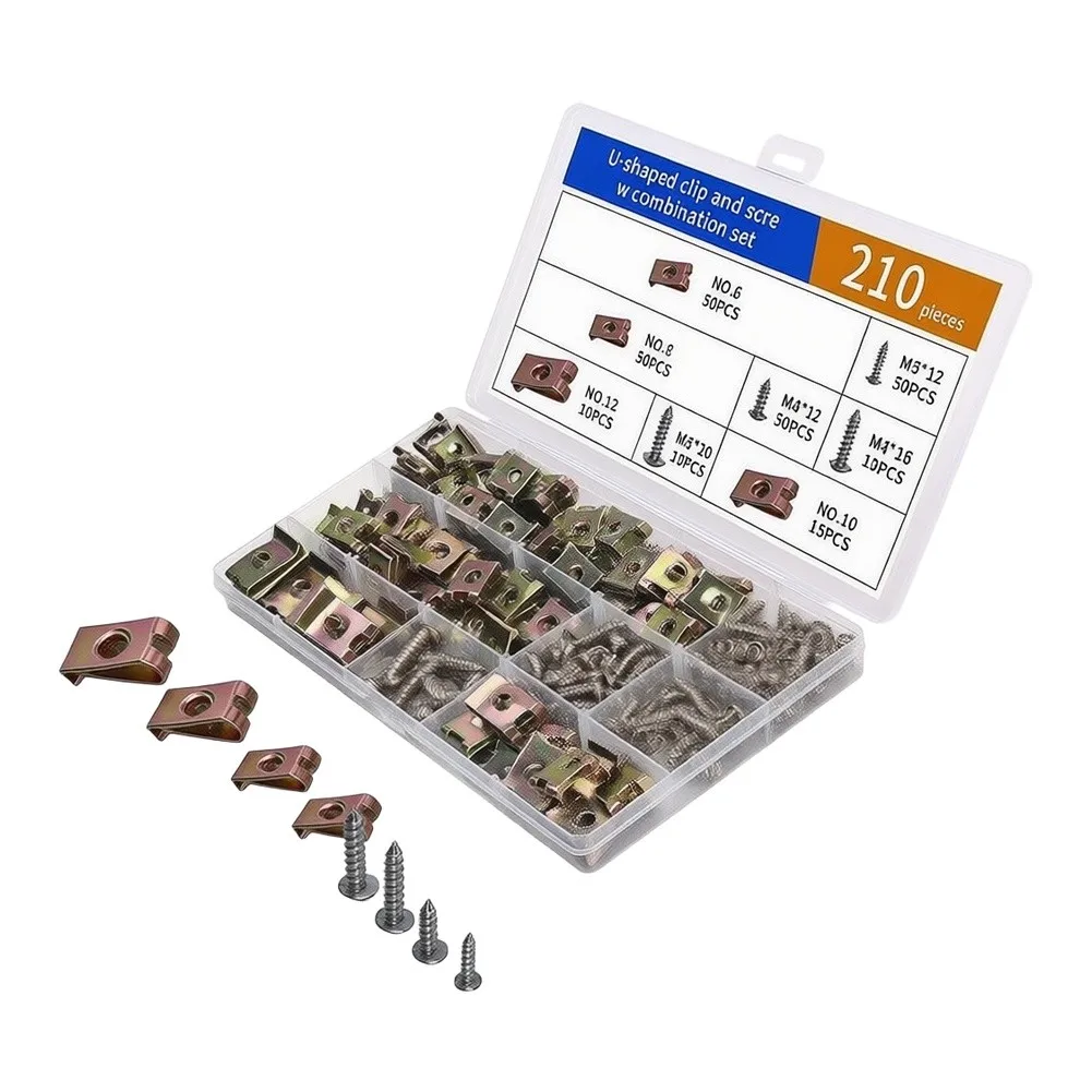For Car U Clip Fastener Set 210pcs Zinc Plated Metal Clips and Screws NO.6 NO.8 NO.10 M3x12mm for Interior Repair