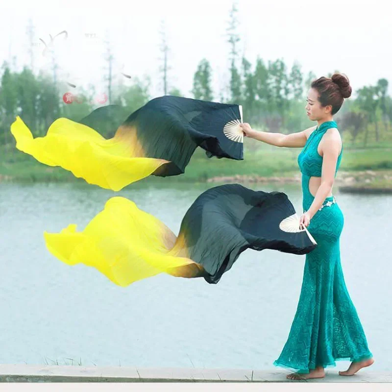 New dyed color 100% real silk Fan Veils for Oriental Dance long Professional Stage Performance Dancing Props Fan Veil