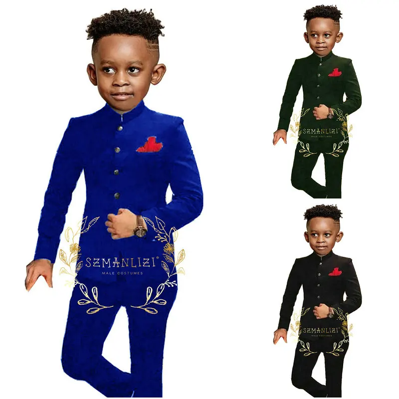 Royal Blue Suit for Boys Wedding Tuxedo Indian Design Stand Collar 2 Pieces Slim Fit Kids Fashion Party Dress Child Clothes