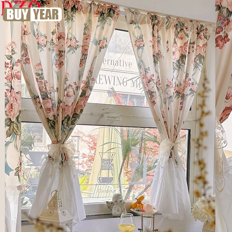 

French Romantic Flowers Curtains Cloth For Living Room Lace Warp Ruffled Rose Tulle Curtains For Kitchen #A542