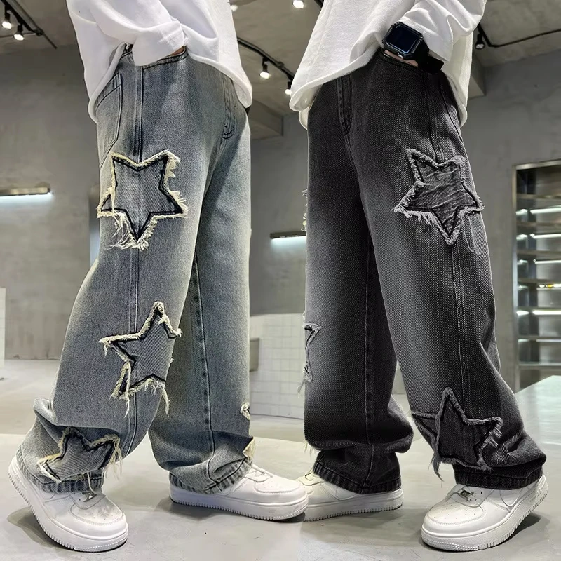 2026 Spring Autumn Teen Boys Jeans New Fashion Kids Star Splicing Raw Edge Wide Leg Denim Pants Children Clothing Trousers 5-14Y