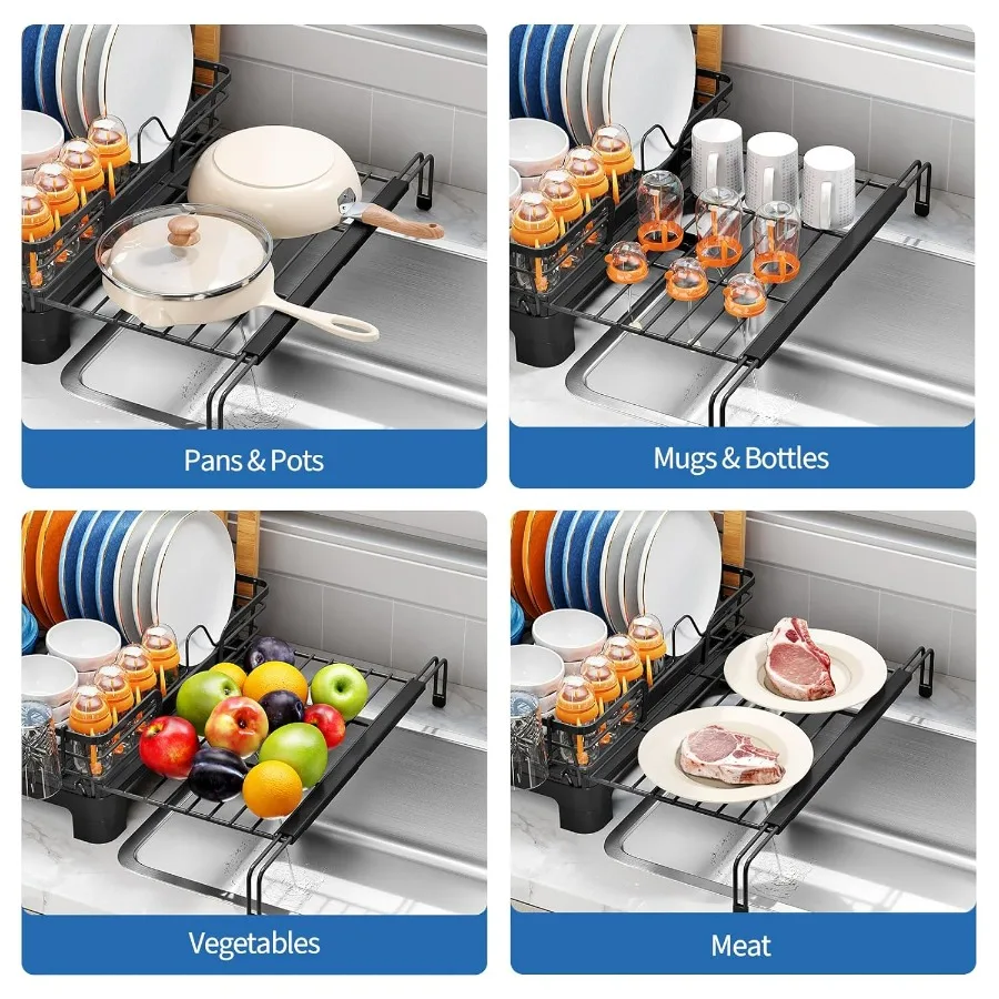 رف تجفيف الأطباق قابل للتمديد من طبقتين لطاولة المطبخ، مصمم لتجفيف الأطباق الكبيرة القابلة للتوسيع لتناسب الحوض 3 في 1 متعدد الوظائف #4