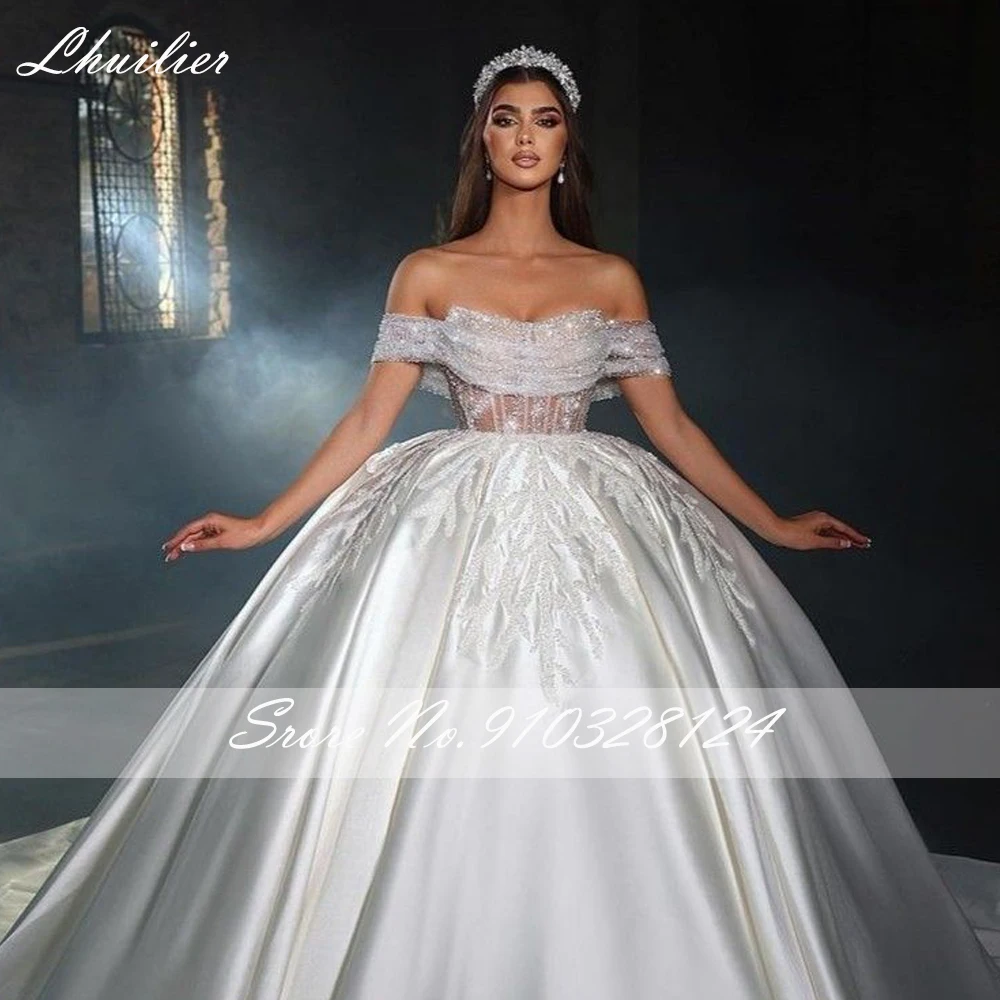 Lhuilier Boat Neck Ball Gown Satin Wedding Dresses Floor Length Beaded Lace Bridal Gowns with Chapel Train