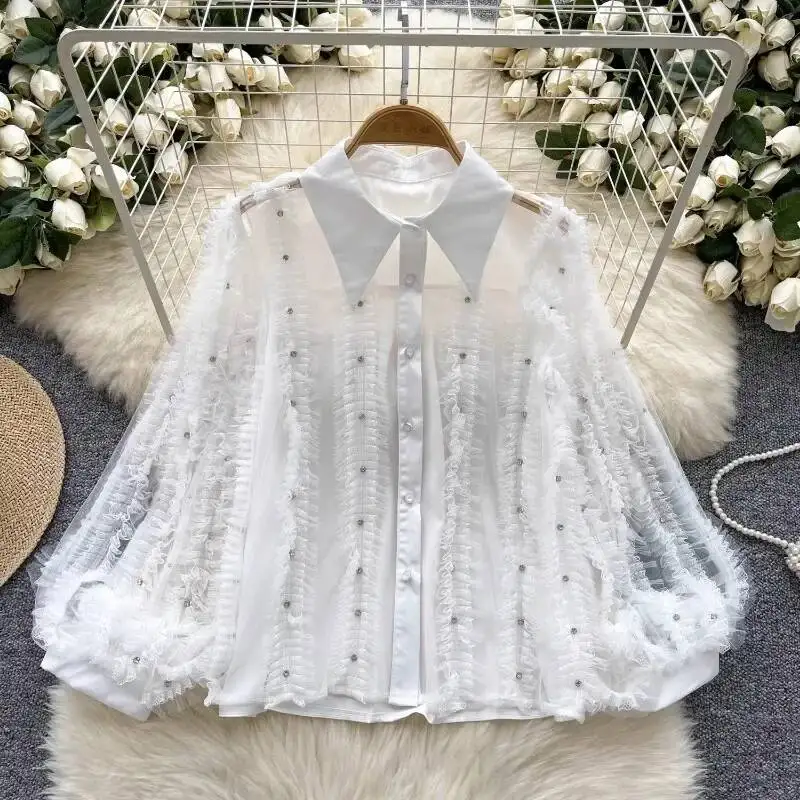 

BabYoung Французская ниша Light Dia Инкрустация Плиссированная рубашка с рукавами-фонариками Femme Однобортная рубашка для похудения Уменьшающая возраст Blusa