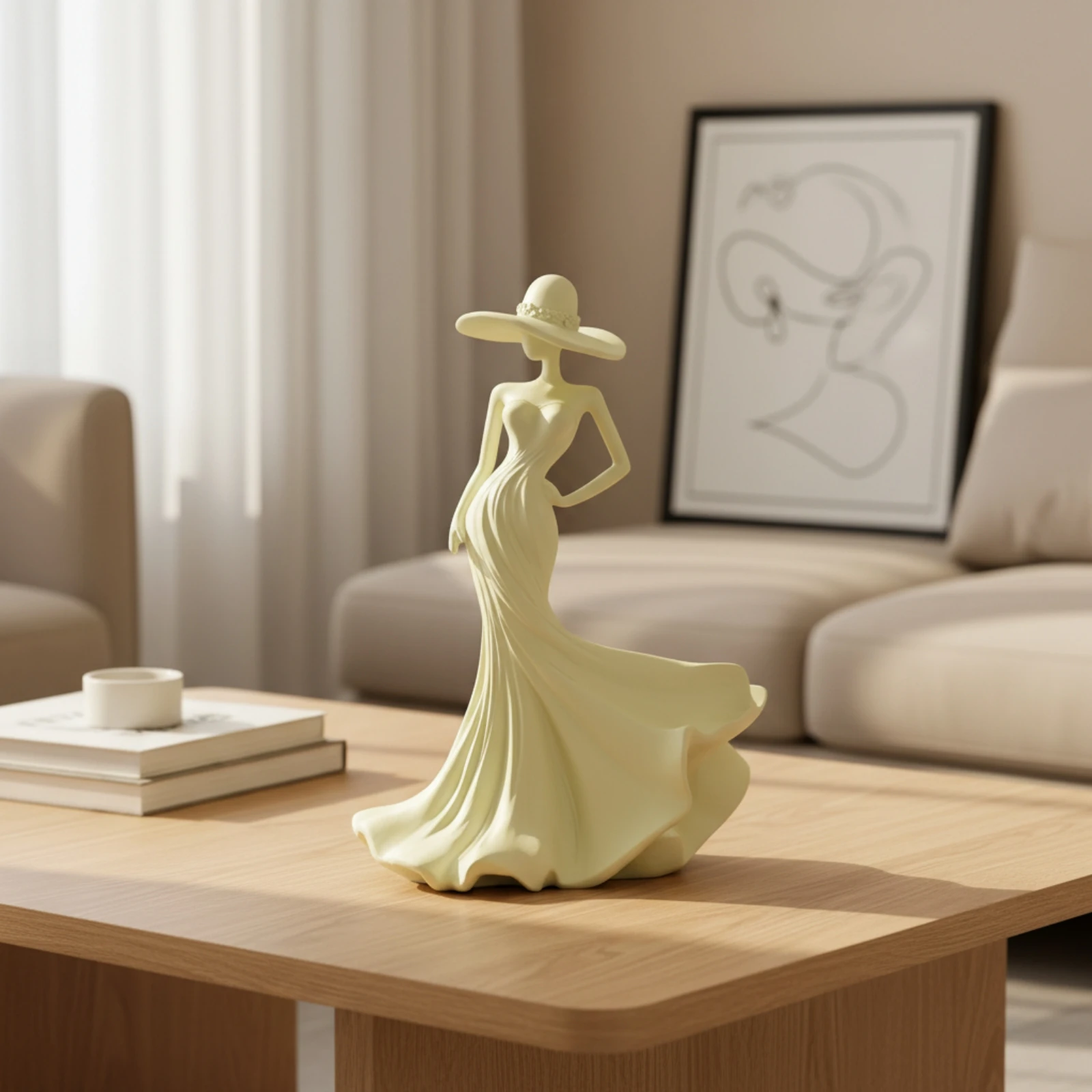 Woman Figurine Cream Lady Statue Figurine with Hat Artistic Decor Refined for Homeowners, Living Room, Entryway