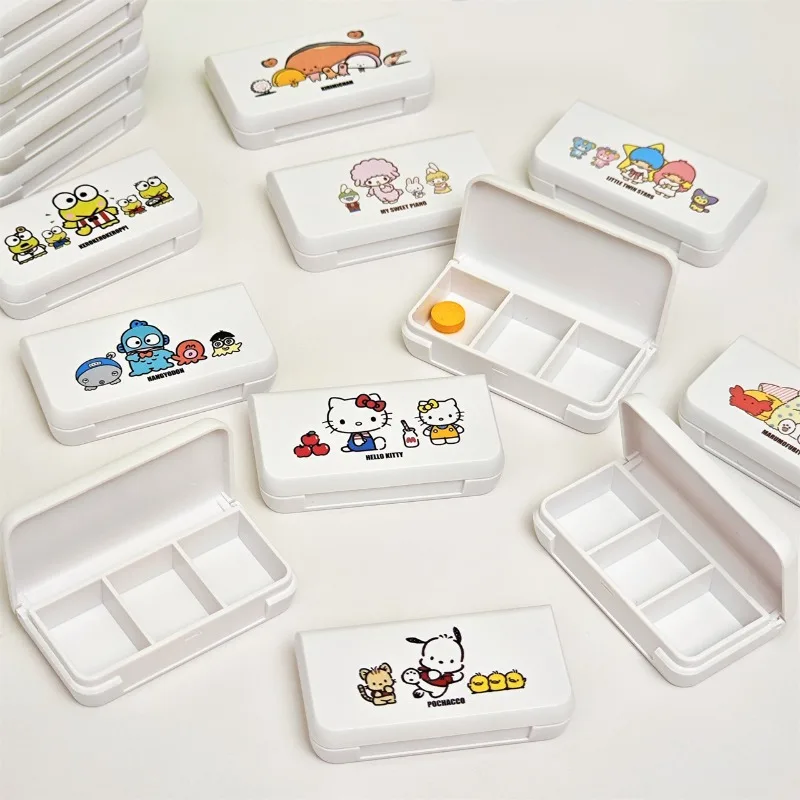 

New Sanrio HelloKitty My Melody Kuromi Cartoon Portable Medicine Box Melody Three-grid Storage Box Travel First Aid Box Gift