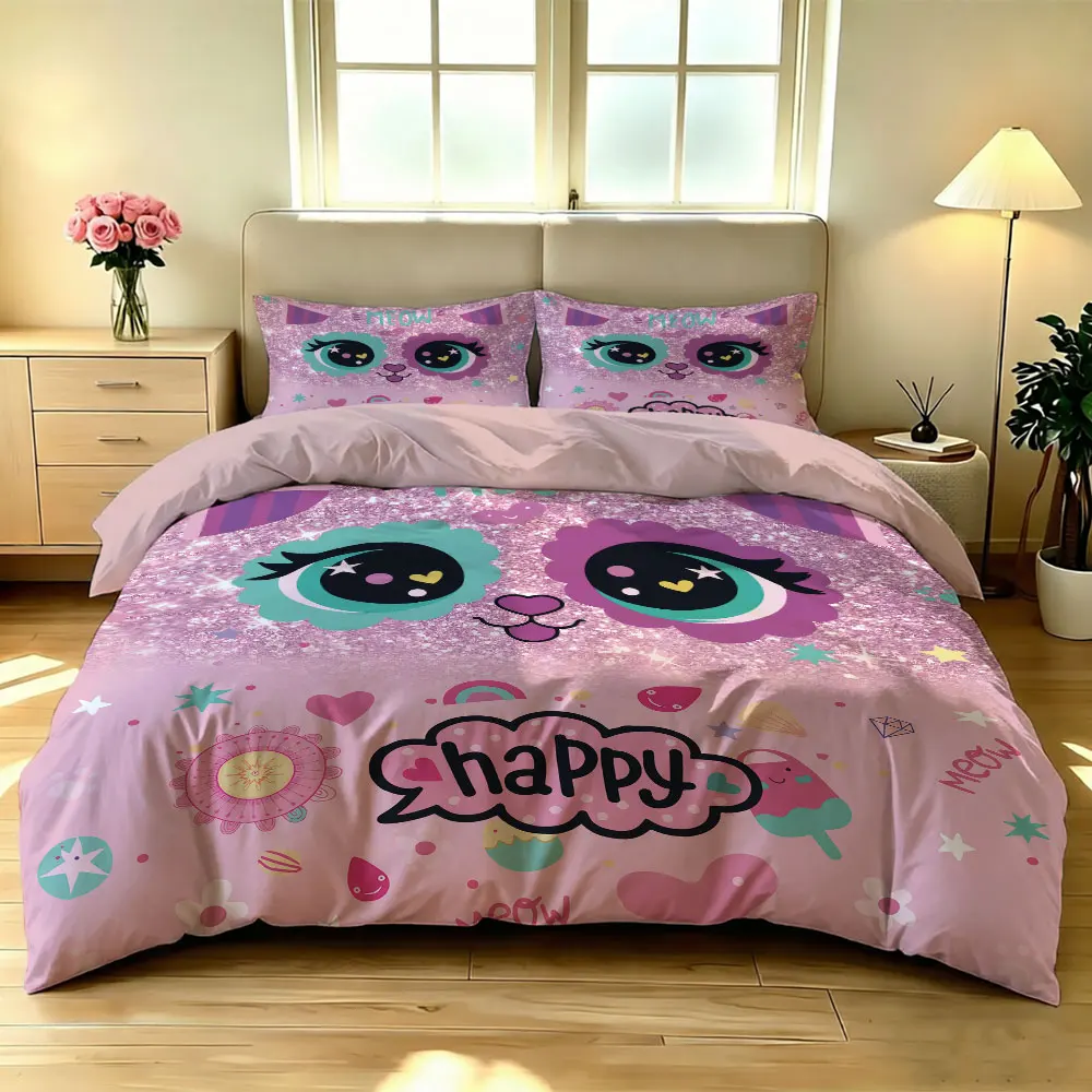 Big Eye Cat Duvet Cover Set 3 Piece Pink Happy Kitty Donut Print Bedding Set Kawaii with Pillowcases Girls Bedroom