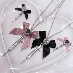 New Love Heart Bowknot Metal Syringe Pendant Necklace for Women Dark Lolita Cool Trend Jewelry Gothic Fashion Accessories