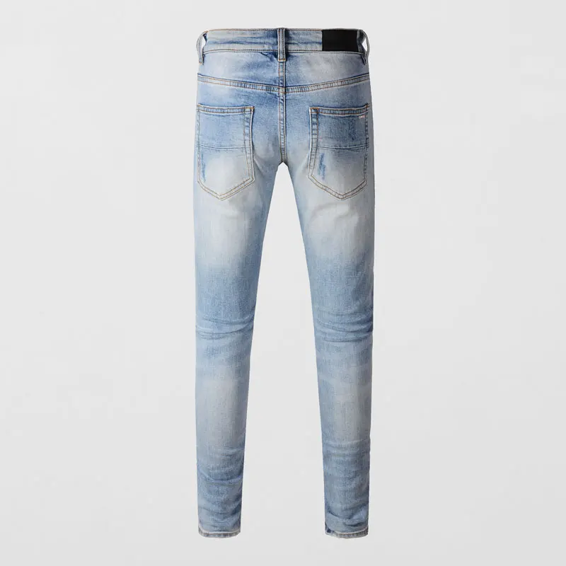 Hombre Fashion New Men's Jeans Cashew Flower Patch Washed Nostalgic Stretch Slim Fit Retro Light Blue Jeans y2k