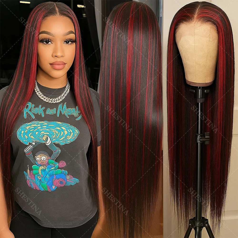 

Balayage 1B/99J Omber Black с красным 5x5 Выделенный кружевной передний бесклеевой парик из человеческих волос 30 дюймов Прямые бордовые цветные парики
