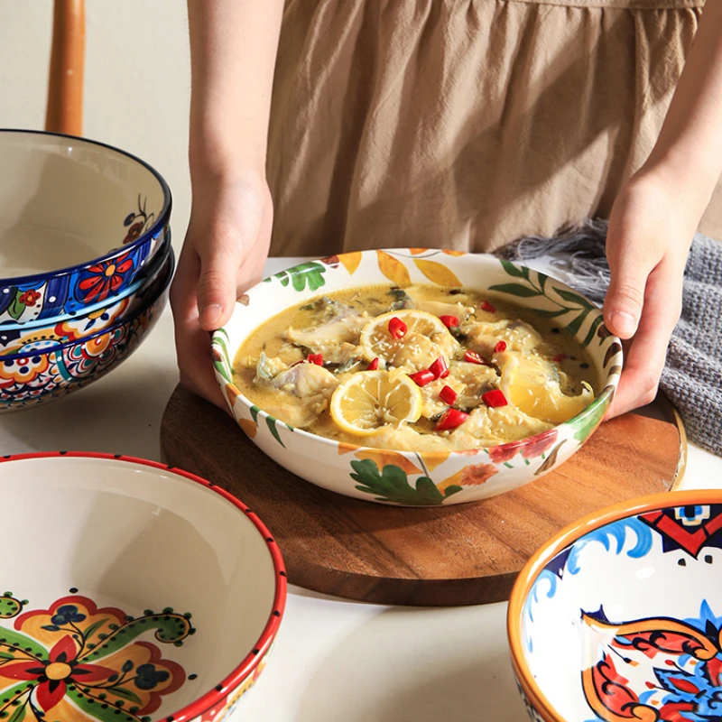 American Country Bohemian Ceramic Tableware Household Dishes Deep Dishes Soups Underglaze Kitchen Dishes Ramen Bowl