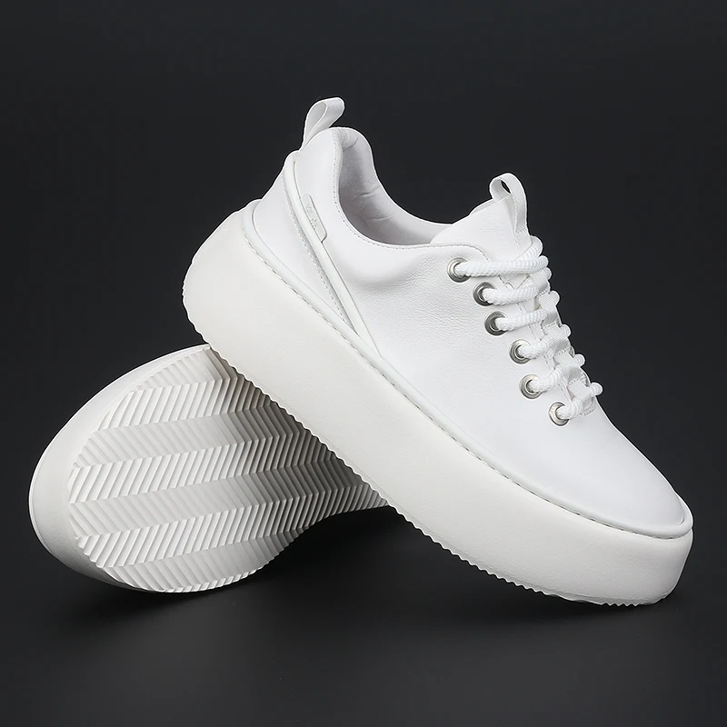 Trend Thick-Soled Increase Leather New Men\'s Shoes Fashion White Low-top Board Shoes Wear-resistant Lace-up All Casual Shoes