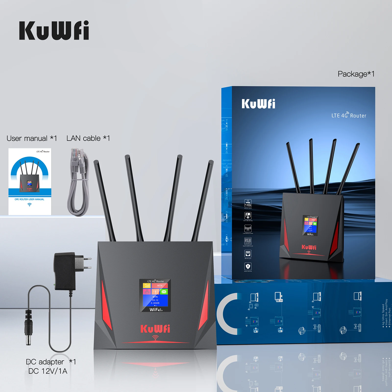 KuWfi-Routeur sans fil 4G CPE 3G/4G epiWifi, 300Mbps, avec port RJ45 WAN/LAN, antenne externe haute vitesse, pour 10 utilisateurs