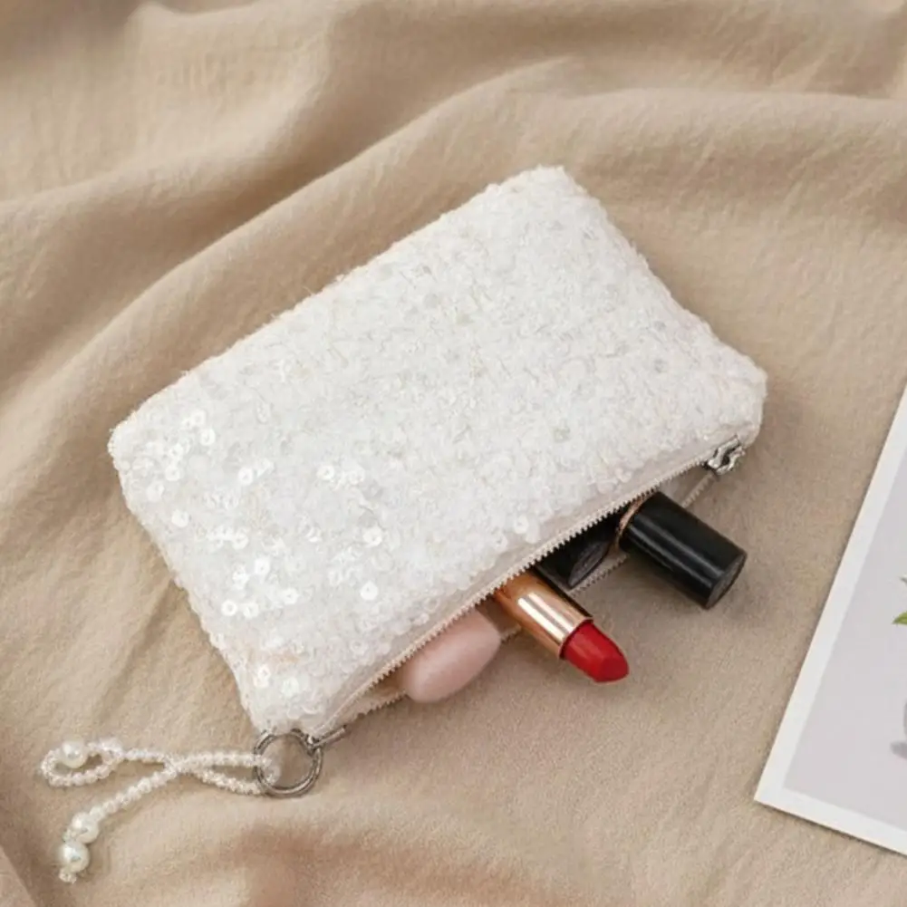 Polyester Lined Cosmetic Bag Sequined Cosmetic Bag with Faux Pearl Bow Stylish Glittery Makeup Clutch Portable Travel for Women