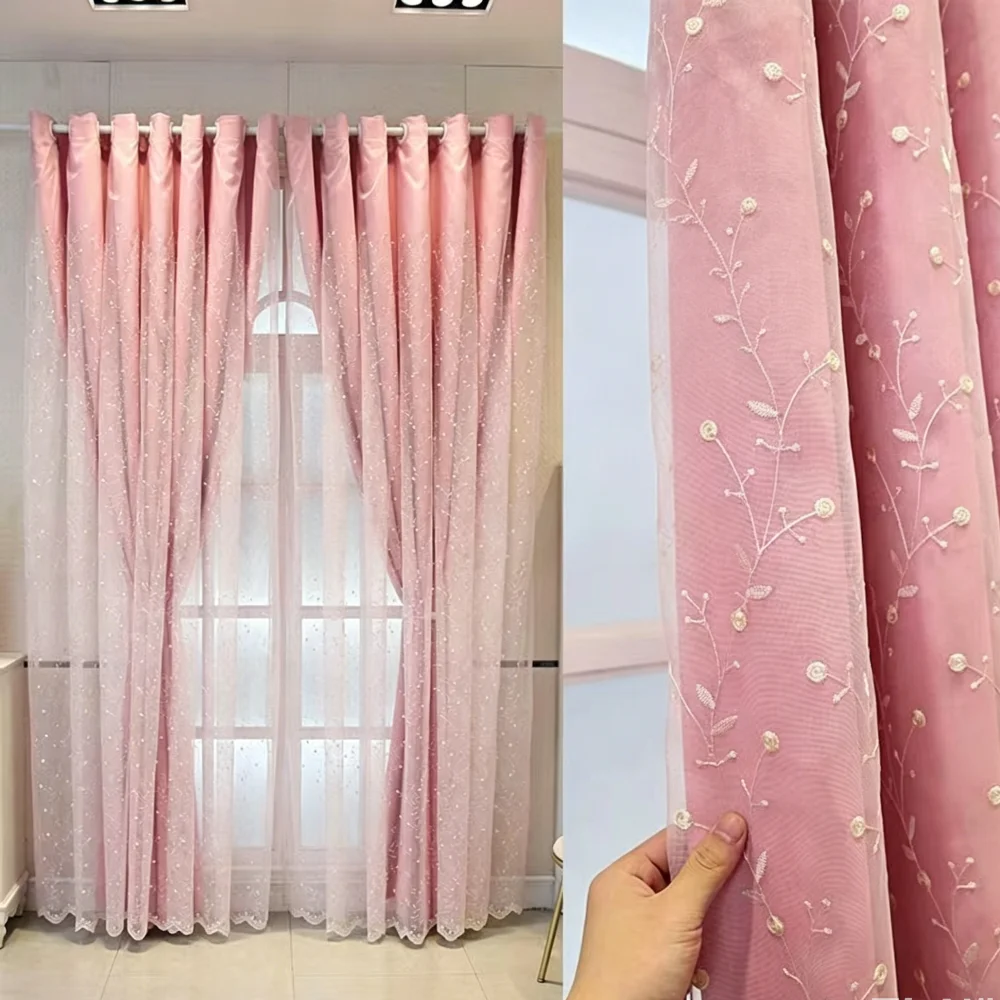 Pastel Pink Modern Double Layer Curtain Floral Embroidered Tulle Sheer & Blackout Fabric for Girls Bedroom Living Room