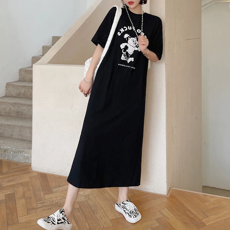 패션 느슨한 접합 인쇄 된 편지 접기 폴카 도트 캐주얼 드레스 여성 의류 2025 여름 새로운 가짜 두 조각 미디 드레스