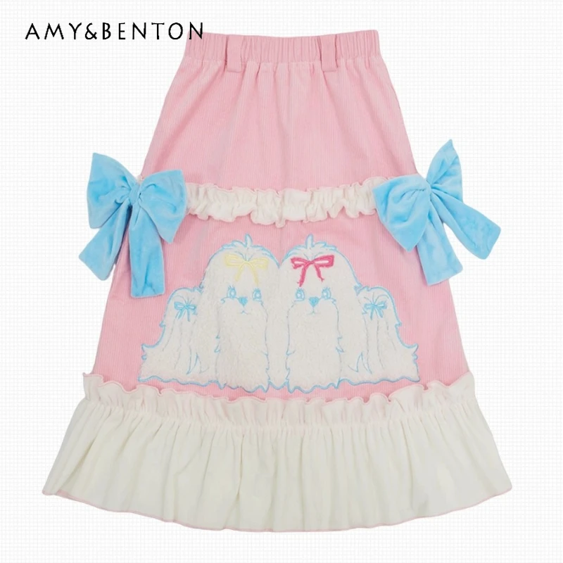 2025 Autunno Inverno Nuova stampa animalier Velluto a coste Rosa Gonna lunga da donna Design giapponese Dolce e carino Fiocco in pizzo Splicing Gonne Donna