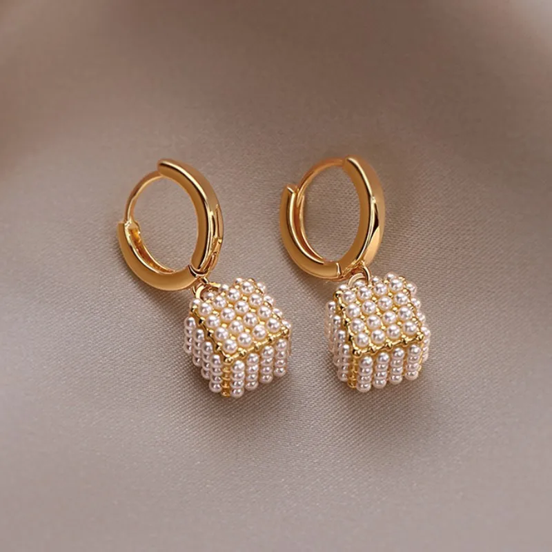 2023 Korean New Design Fashion Jewelry 14K Gold Plated Square Full Pearl Earrings Elegant Women\'s Daily Work Accessories