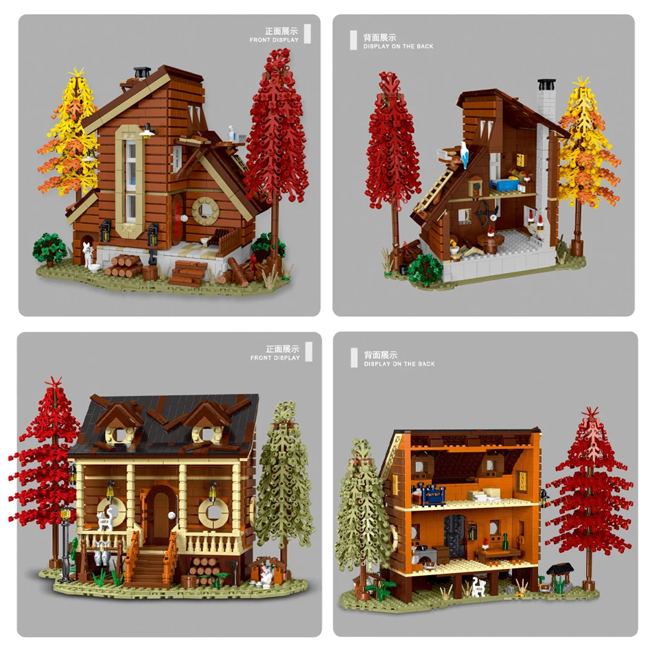 2025 Ideas Forest Cabin Street View MOC Building Blocks with LED Strip Wooden House Architecture Modular Bricks Toy for Kid Gift