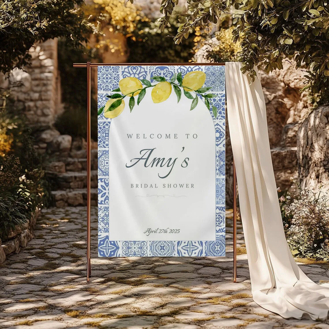 

Mediterranean Tile And Lemon Bridal Shower Backdrop Custom Text Minimalist Wedding Classic Posters Background Decor