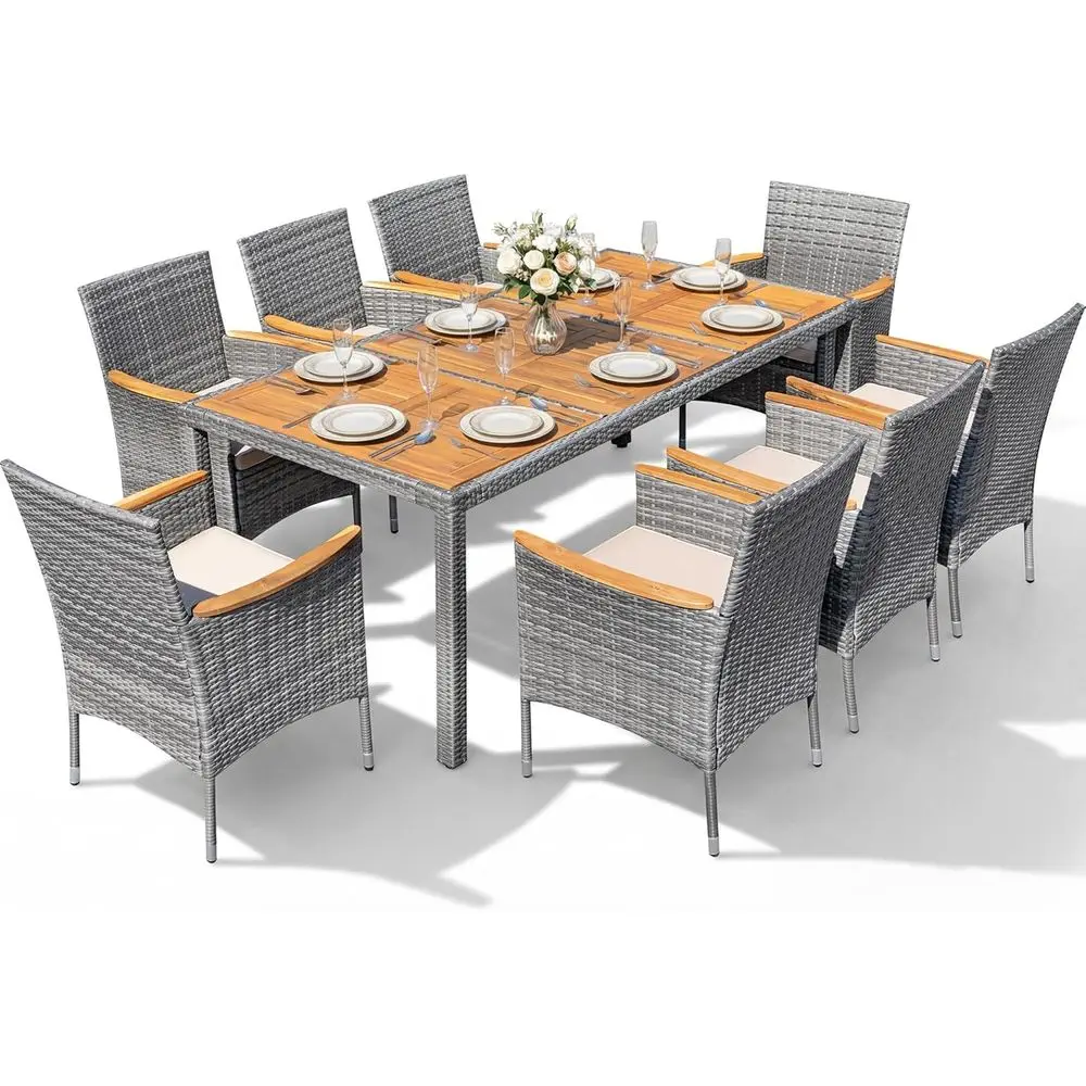 Outdoor Patio Dining Sets 9 Pieces Wicker Outdoor Dining Table and Chairs Set with Acacia Wood Table Top and Widened Armrests or