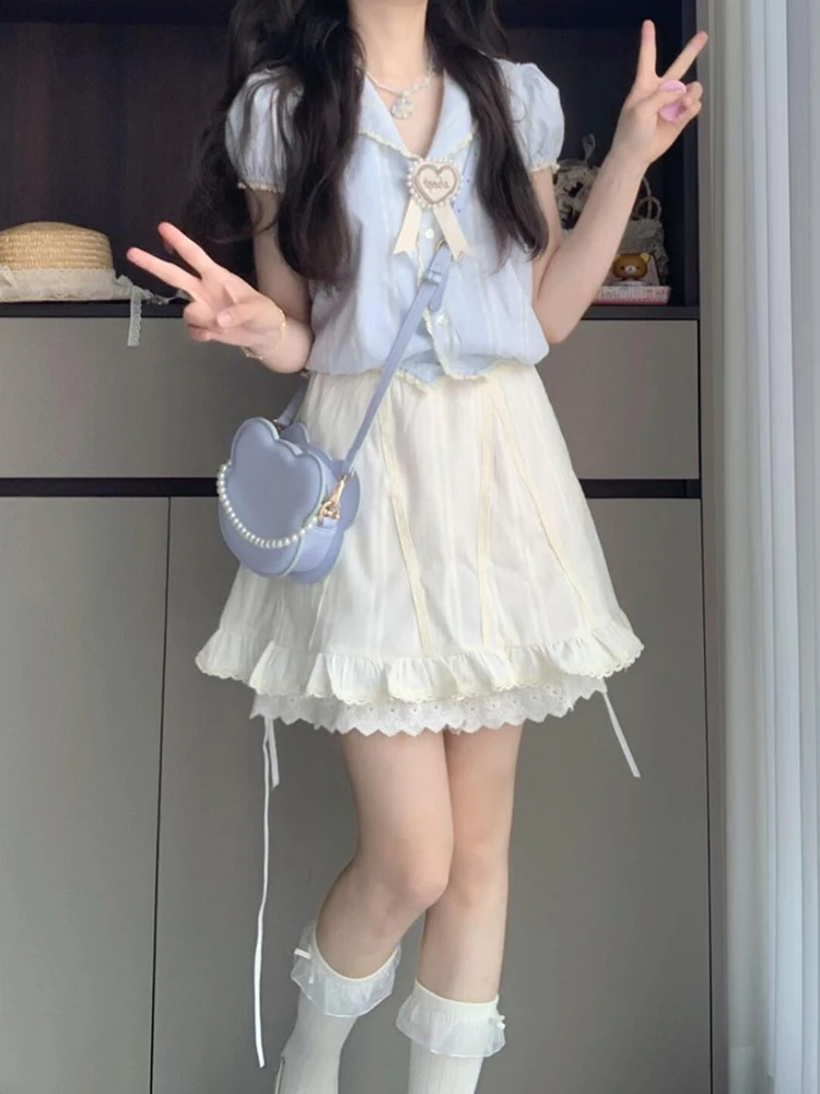 Bleu ort Sve irt Dr Femmes Été Nouveau sentiment haut de gamme Clete Ensemble jupe ort Coréenne Sle Taille haute Polyester...