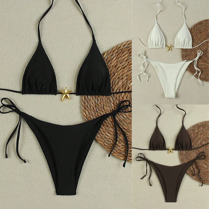 2026Best-selling sexy and fashionable bikini swimsuit, solid color metallic triangle two-piece women's swimwear