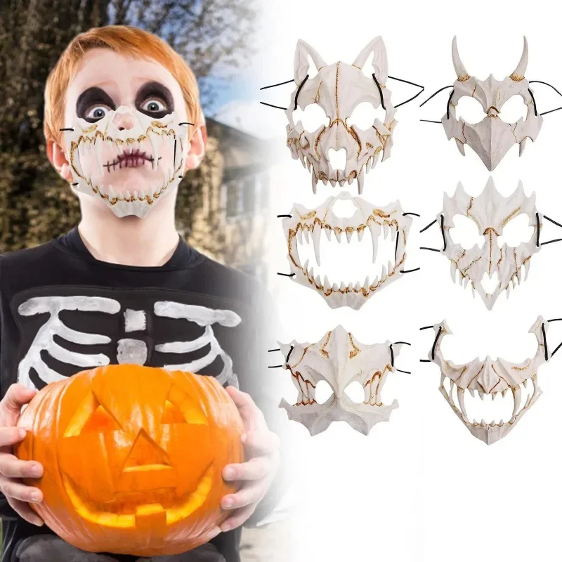 Japanese Anime Dragon God Skeleton Half Face Werewolf Mask Long Teeth Demon Samurai Halloween Cosplay Costume Prop Skeleton Mask