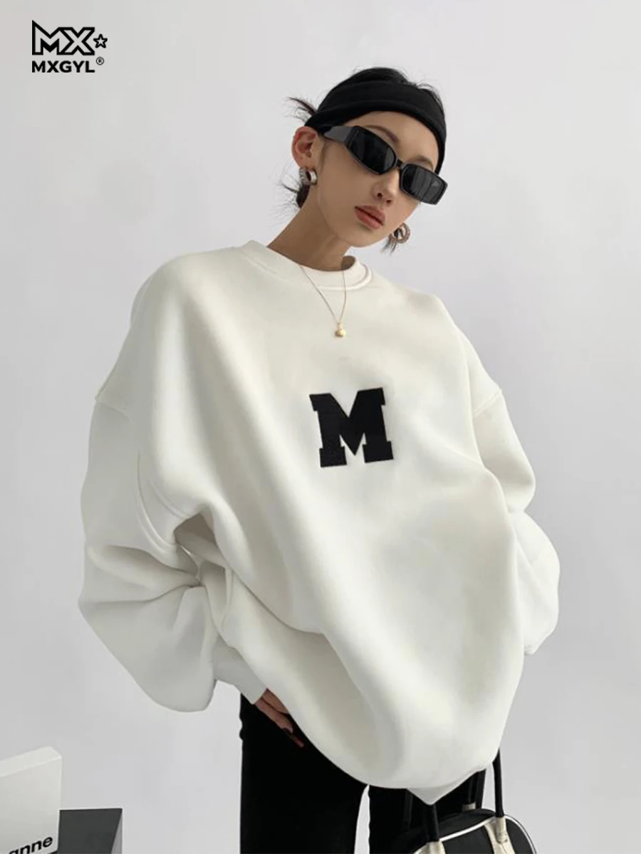 2025Retro Amerikanischen Grau Rundhals Sweatshirt Frauen Oversize Frühling Herbst Lose Schulter Top Volle Hülse Baumwolle Verdickt Winter