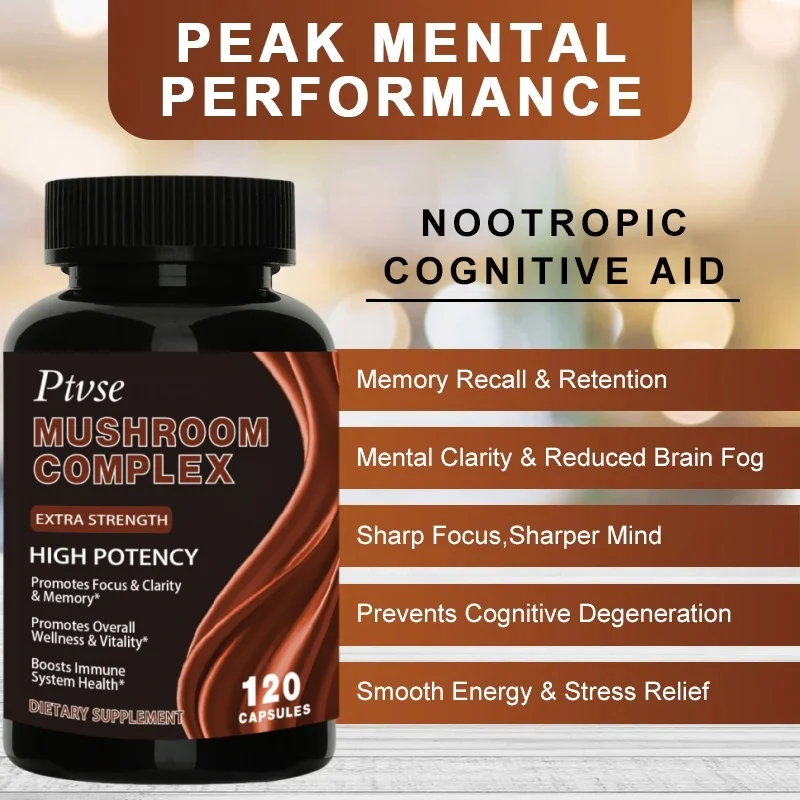 Strength Brazil Mushroom Capsules -Lions Mane Cordyceps Reishi - Brain Supplement for Memory and Focus Relief Stress Better Mood