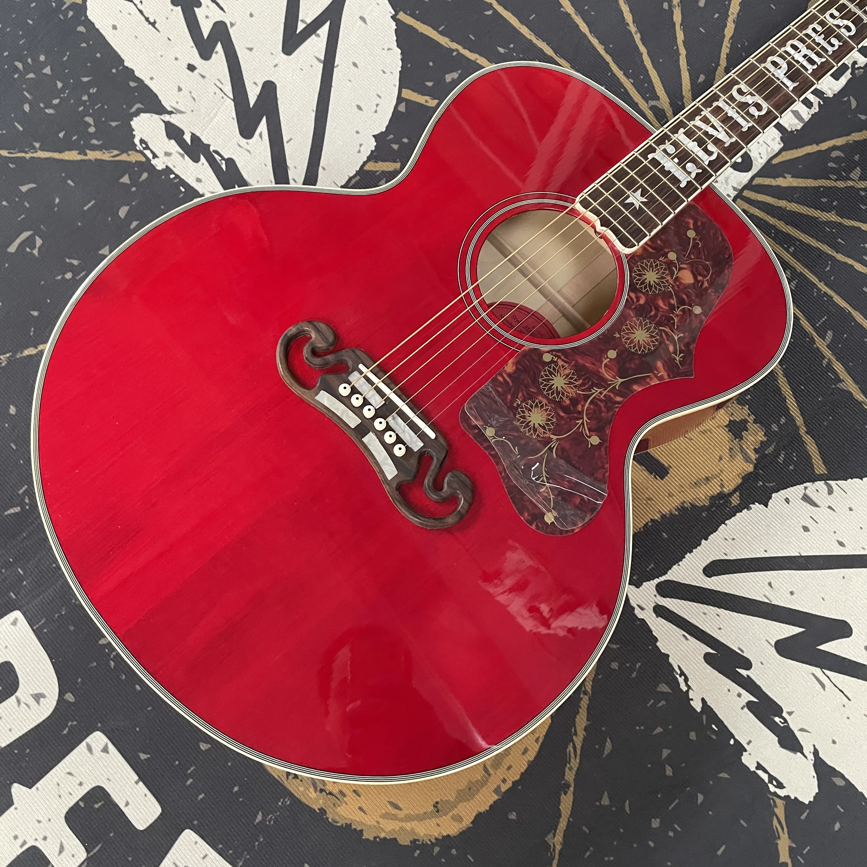 

6-струнная красная акустическая гитара, верхняя дека из ели, гитара с узорчатым дизайном, гриф из палисандра