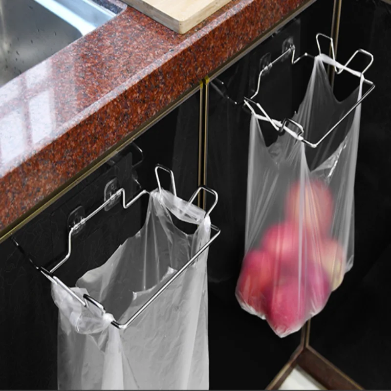 Adhesive stainless steel garbage bag rack, garbage storage rack, kitchen garbage rack, cabinet door, grocery bag storage rack,