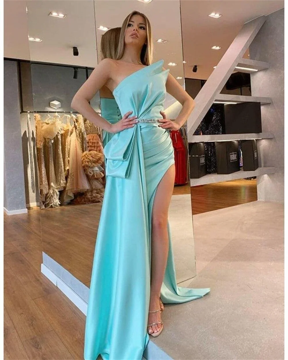 ที่กําหนดเองชุดราตรีง่ายปิดไหล่ Mermaid จีบซาตินอย่างเป็นทางการชุด Vestidos Para Mulheres ฟรีธุรกิจ