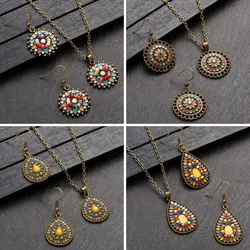 Boho 2023 Women Ethnic Colorful Earrings Necklace Set Vintage Water Drop Multicolor Oil Drop Flower Necklace Earrings Sets
