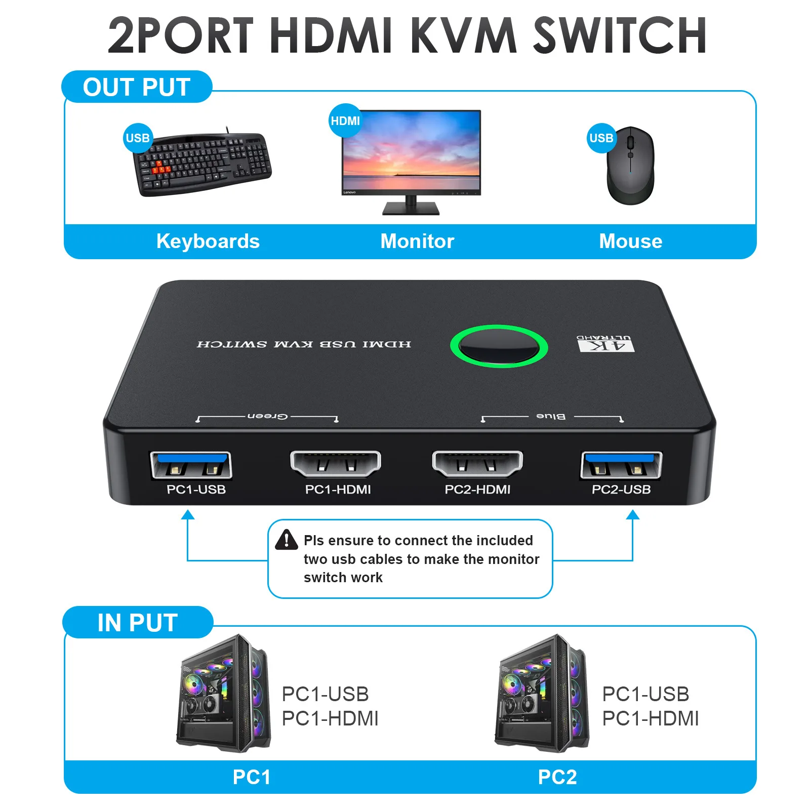 KVM Switch HDMI-Compatible 2 Port Box USB3.0 HDMI Switch for 2 Computers Share Keyboard Mouse Printer USB Swltch Splitter