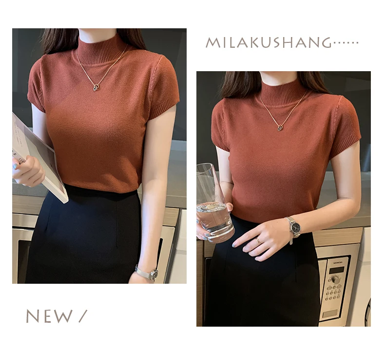 Halbhohes T-Shirt für Damen, modischer Pullover, lässige Oberteile, koreanischer Stil, elegante einfarbige Kleidung, Frühlings- und Sommersaison – Detail 7