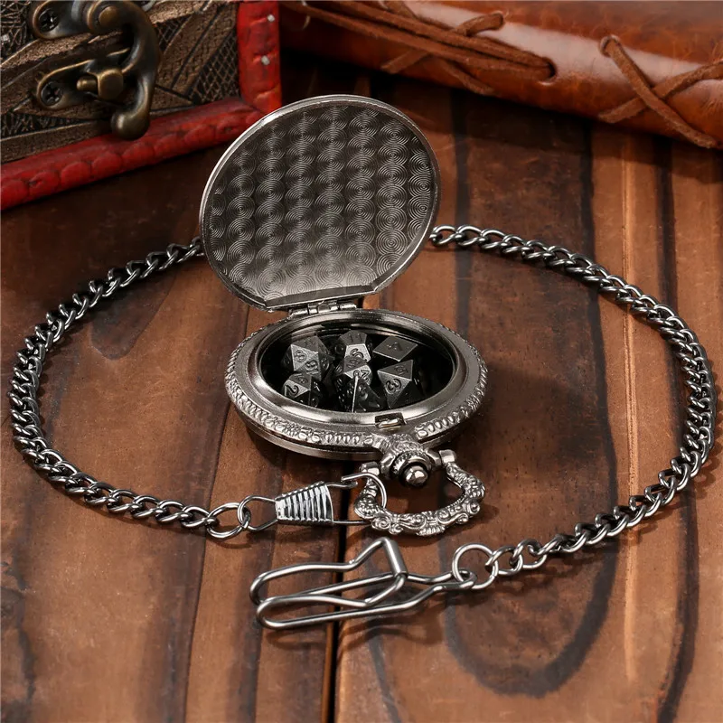 Engraved Dragon Pocket Watch Case Pendant Chain 7pcs Tiny Metal Polyhedral Dice Set Role Playing Board Games Accessories